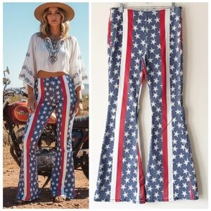 Free People Penny Pull On Mid Rise Flare Jeans Stars Stripes Americana Sz 31